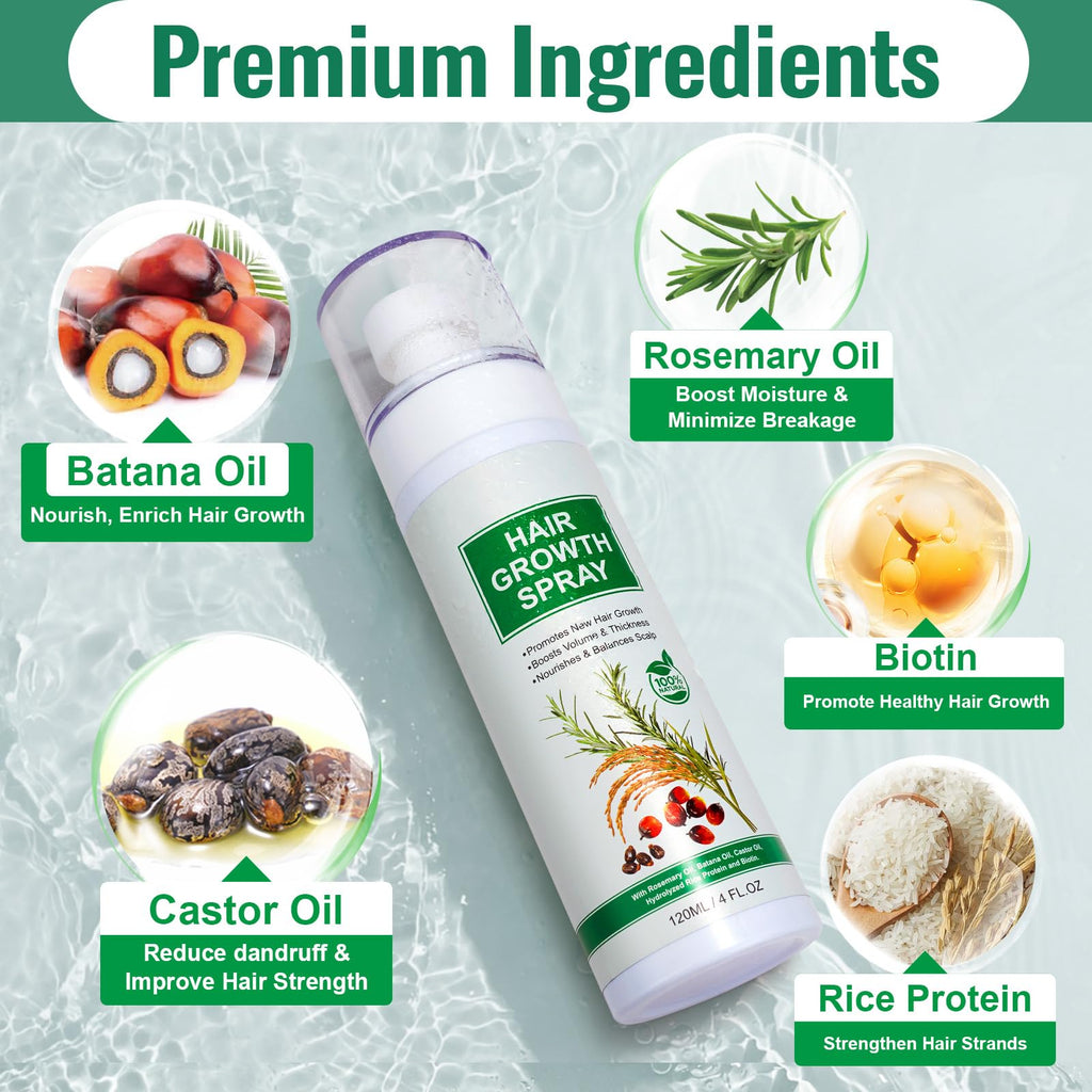Hair Growth Serum Spray, Natural Hair Growth Spray With Biotin, Batana, Rosemary, and Castor Oil, Caffeine Ginseng Scalp Care Treatment, Thinning Hair Regrowth Thickening for Women Men 4 Fl Oz