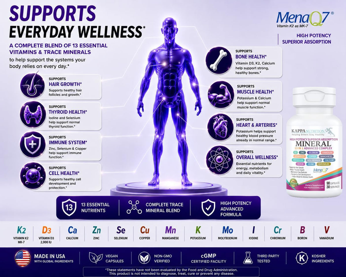 KAPPA NUTRITION Mineral 13 in 1 Advanced Complex with Albion® Chelated Minerals & MenaQ7® MK-7 Vitamin K2 | Calcium, Zinc, Selenium, Chromium, Iodine & Trace Minerals | 90 Vegan Capsules
