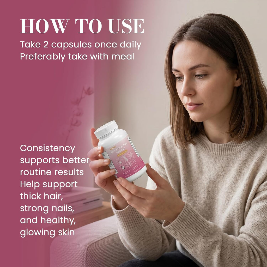 Hair Skin & Nails Vitamins Supplement for Women,with Biotin,Collagen Peptides,Hyaluronic Acid,Vitamin A, C, E, B5,B6,Support Skin Moisture and Suppleness,Hair and Nails Health,120 Capsules