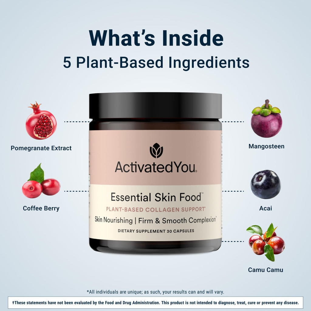 ACTIVATEDYOU Essential Skin Food, Advanced Skincare Collagen Elastin Support Supplement for Aging Skin, Helps Improve Appearance of Face Texture, Sagging w/Dermaval, Vitamin C (30 Count (Pack of 3))