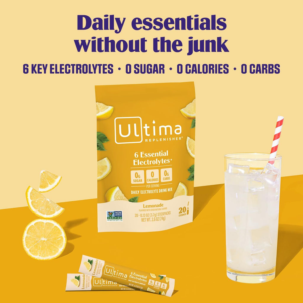 Ultima Replenisher Electrolyte Powder Drink Mix Bundle – Sugar Free – Lemonade, 30 Serving Canister and 20 Stickpacks – 6 Electrolytes and Minerals – Keto Friendly, Vegan, Non-GMO