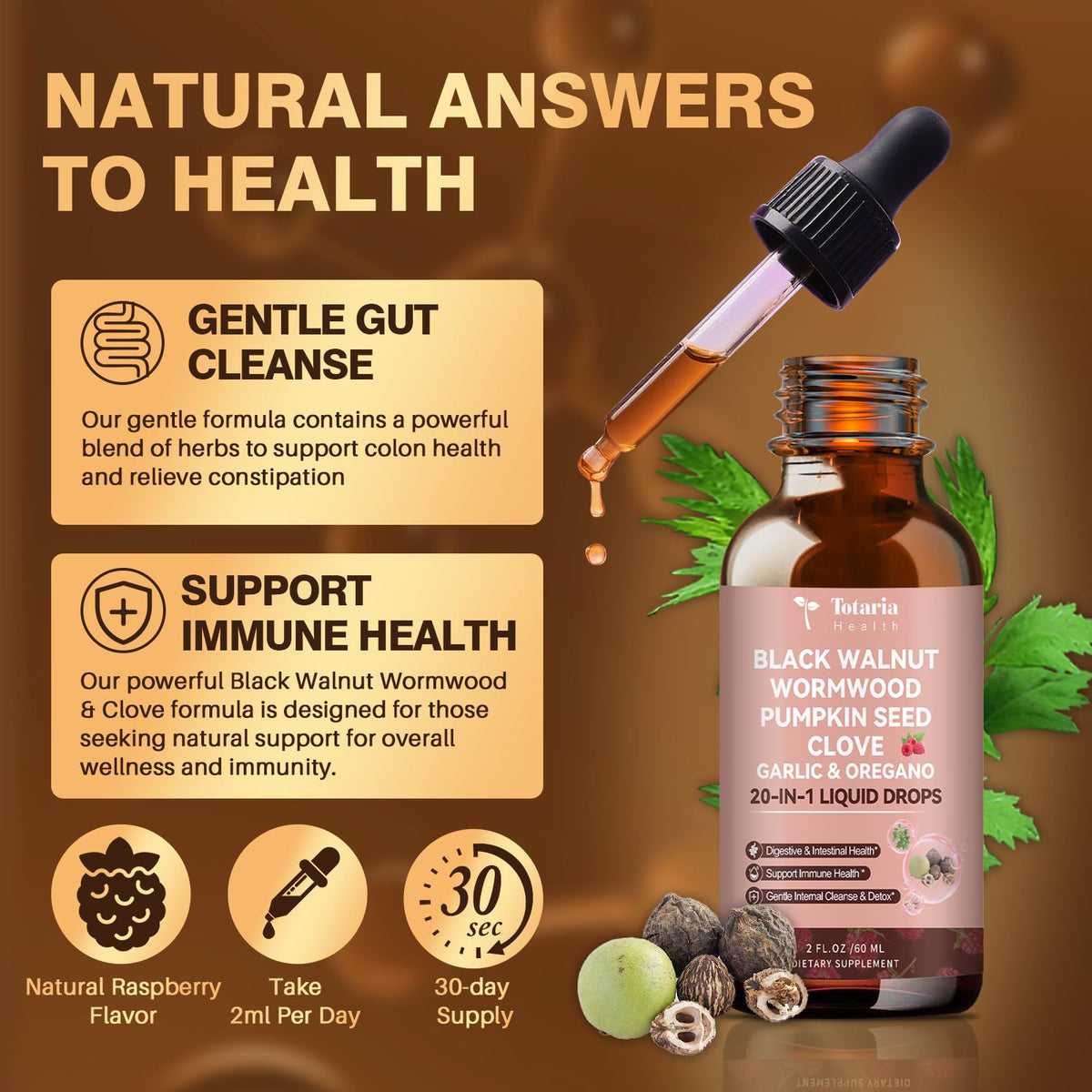 Totaria 20 in 1 Black Walnut Wormwood Tincture - Clove,Pumpkin Seed,Garlic,Oregano,Berberine - Gentle Gut Cleanse & Digestive Health - Alcohol-Free,Gut-Friendly -Raspberry Flavor - 2FL
