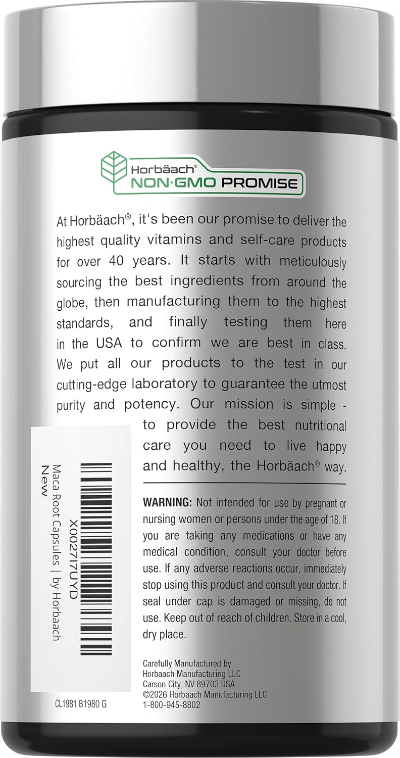 Horbäach Maca Root Capsules for Men and Women | 120 Pills | High Potency Extract | Non-GMO and Gluten Free Formula