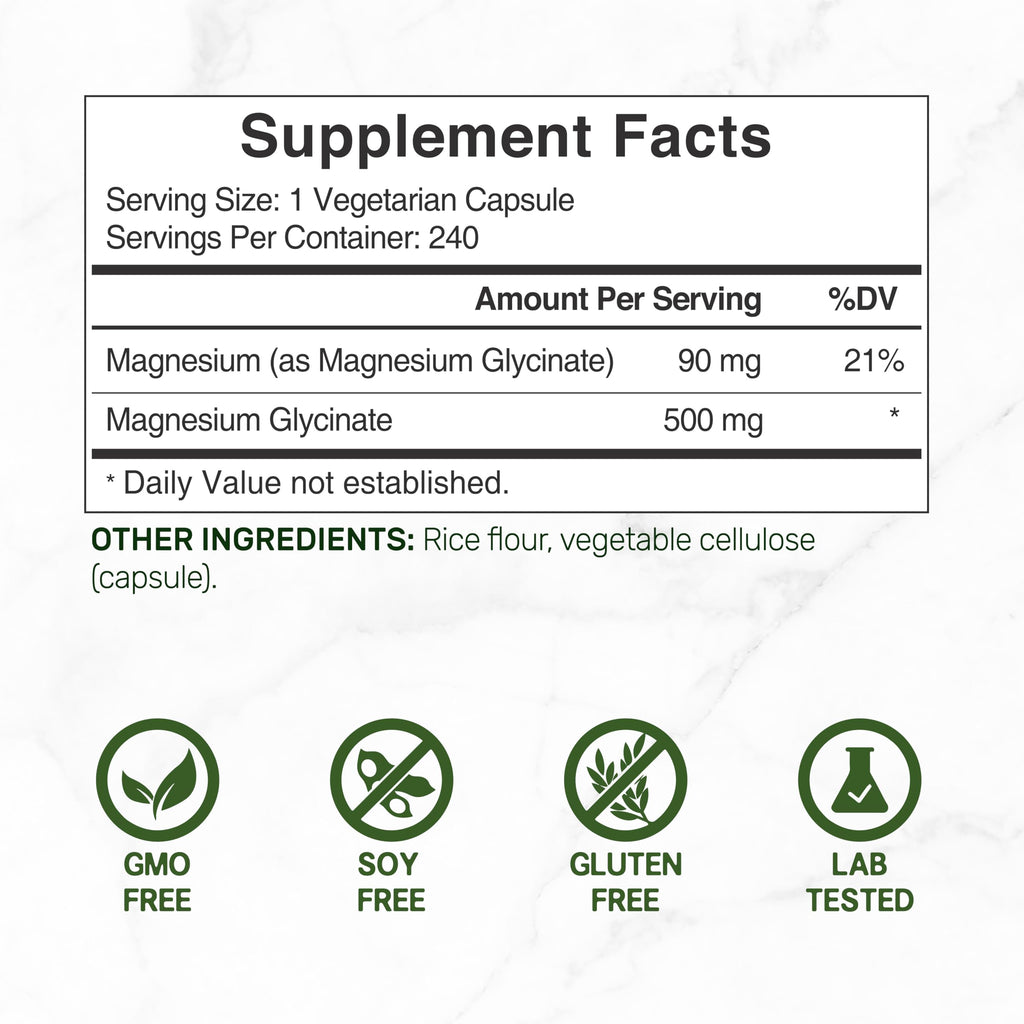 Deal Supplement Magnesium Glycinate 500mg Per Serving, 240 Veggie Capsules | 100% Chelated Magnesium Glycinate, Essential Mineral Supplement for Women & Men. Non-GMO, Gluten Free.