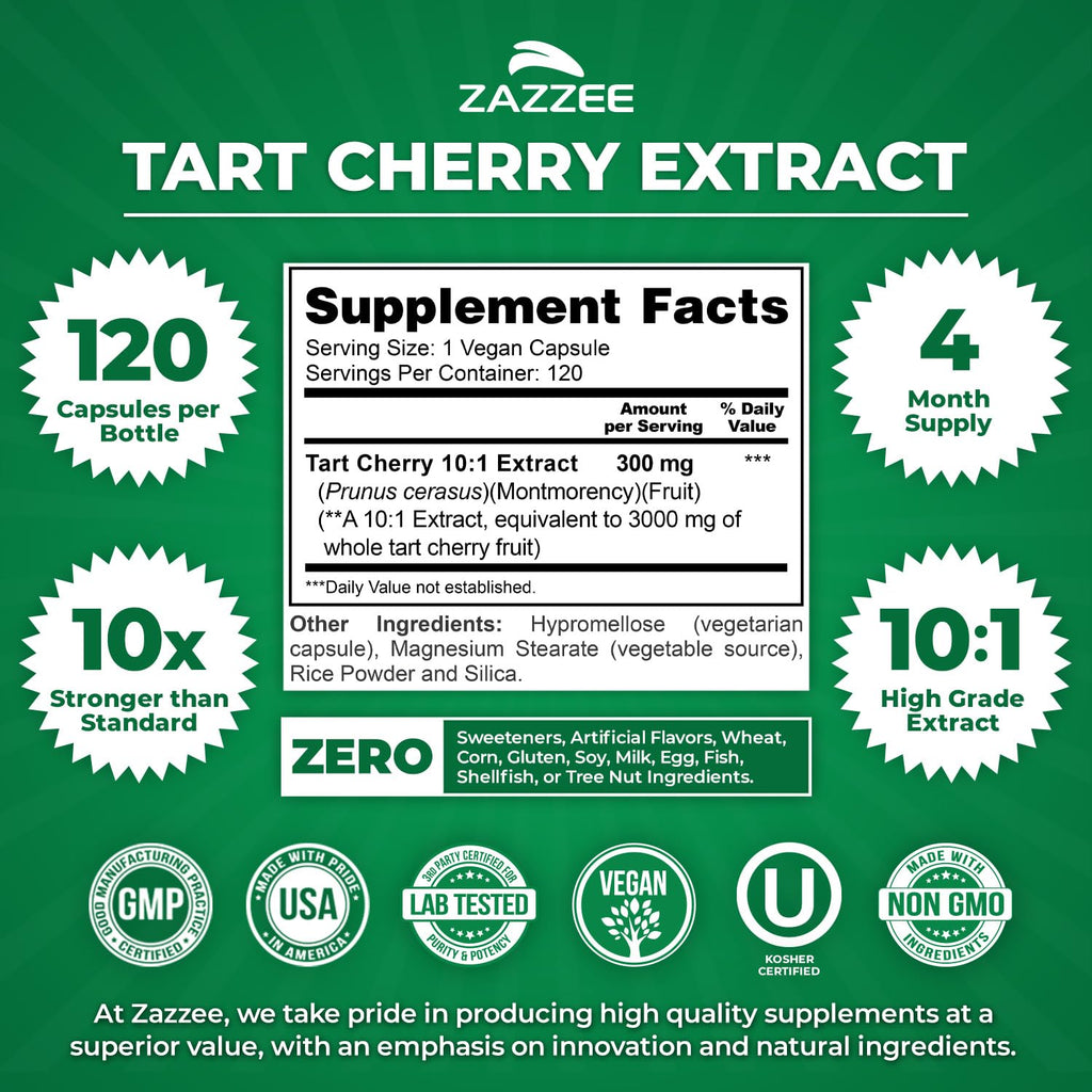 Zazzee Tart Cherry 10:1 Extract, 200 Vegan Capsules, 6+ Month Supply, Montmorency Cherry, Certified Kosher, Joint & Uric Acid Support, Antioxidant Support Formula, Non-GMO, Made in the USA
