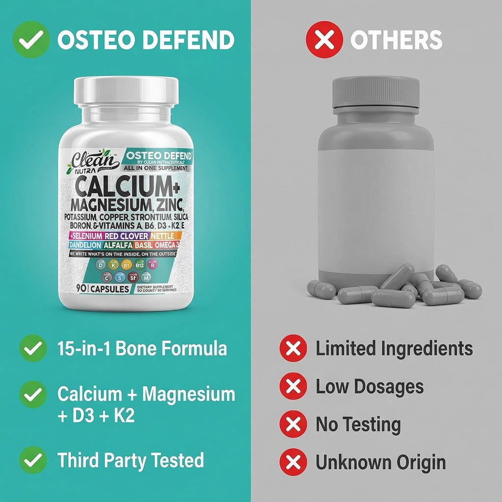 Allin1 Calcium Magnesium Zinc Supplement with Potassium, Copper, Strontium, Silica, Vitamin D3 K2, Boron, Vitamin B1 B12 Red Clover Herb Alfalfa Basil Pills for Men & Women Clean Nutra Osteo Defend