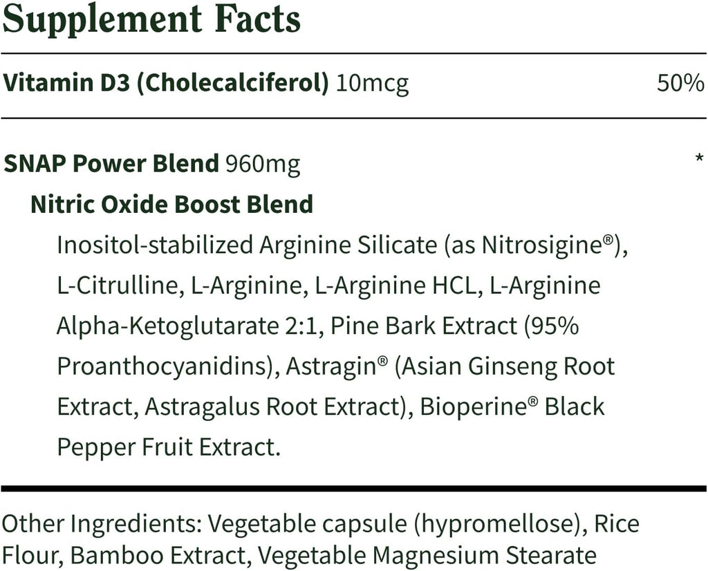 Snap Supplements L-Arginine, L-Citrulline & 3 Forms of L-Arginine, 60 Count | Support Healthy Circulation, Nitric Oxide & Exercise Performance, Vegan, Gluten-Free, Non-GMO, 30-Day Supply