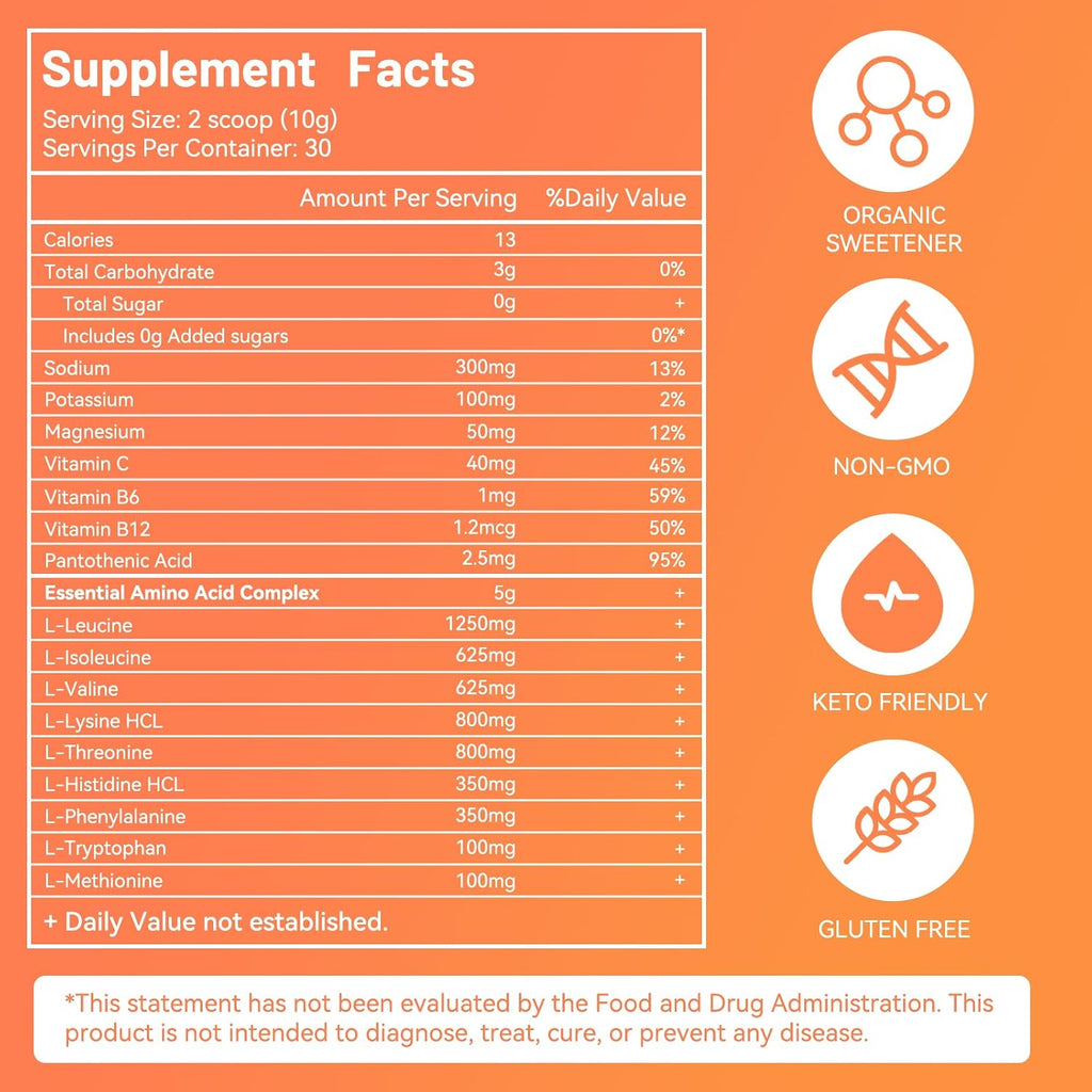 EAAs Electrolytes Powder, Essential Amino Acids Supplement, EAA & BCAA Powder, with B-Vitamins and Minerals – Hydration Drink Supplement, Keto Friendly, No Sugar- 30 Servings