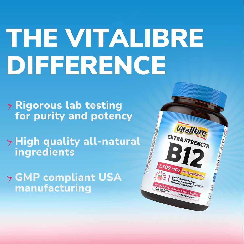 Vitalibre Vitamin B12 2500 mcg, Extra Strength Sublingual Methylcobalamin, Natural Peach Flavor, Nervous System, Energy Support, No Sugar, 90 Fast Dissolve Tablets