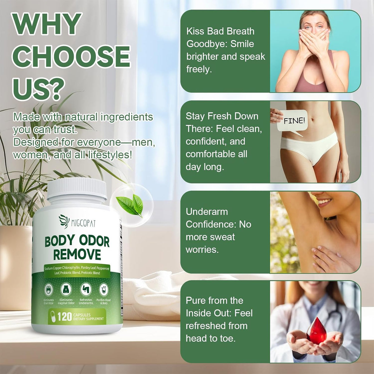 Chlorophyll Body Deodorizing Supplement with 10 Billion CFU Probiotic, Vitamin C & E, Parsley, Peppermint, Green Tea, Prebiotics, Chlorophyll Capsules Supports Breath & Whole-Body Freshness, 120 Caps