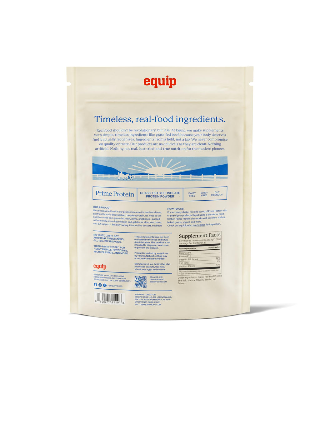 Equip Prime Chocolate Protein Powder - Gut-Friendly, No Sugar Protein Shake Powder with Grass-Fed Beef & Natural Collagen - Rich & Creamy Mix - 21g Per Serving - Whey & Dairy-Free (30 Scoops)