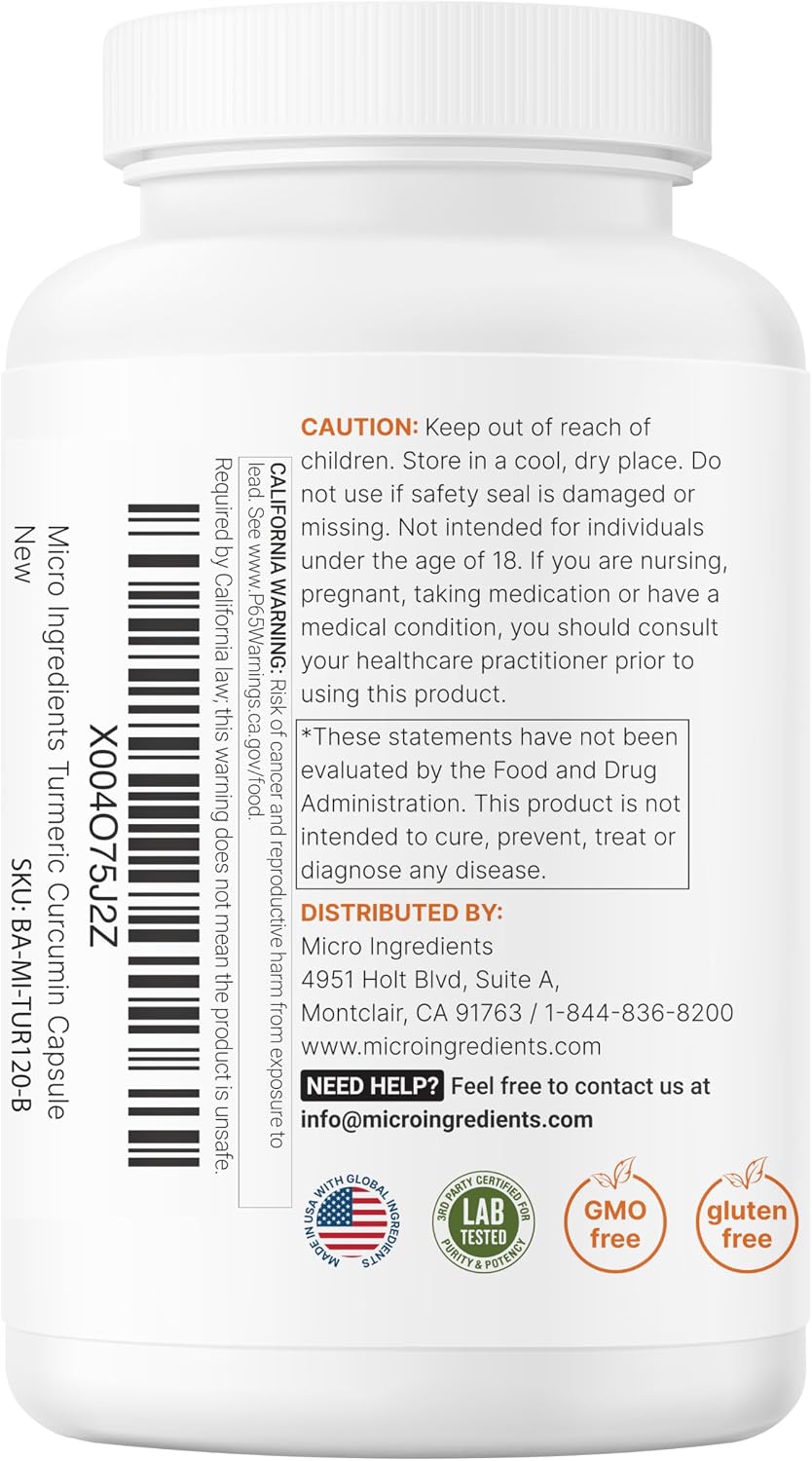 Micro Ingredients Turmeric Curcumin 1,000mg Per Serving, 120 Capsules | Turmeric Curcumin Supplement with 95% Curcuminoids, Black Pepper & Ginger. Filler Free, Non-GMO, Vegetarian, Gluten Free.