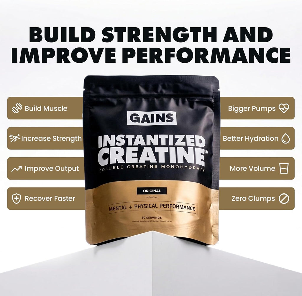 Gains in Bulk Instantized Creatine Monohydrate for Women and Men, Soluble Pre Workout Powder, Supports Muscle Building, Strength and Performance, Unflavored and Sweet Lemonade, 60 Servings