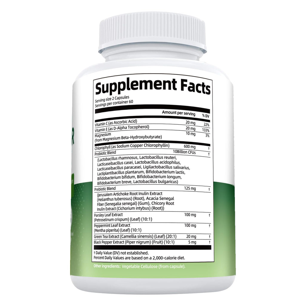 Chlorophyll Body Deodorizing Supplement, Chlorophyll Capsules with Parsley & Peppermint, Probiotic, Green Tea, Jerusalem Artichoke, Prebiotic, Supports Fresh Breath & Whole-Body Freshness, 120 Caps