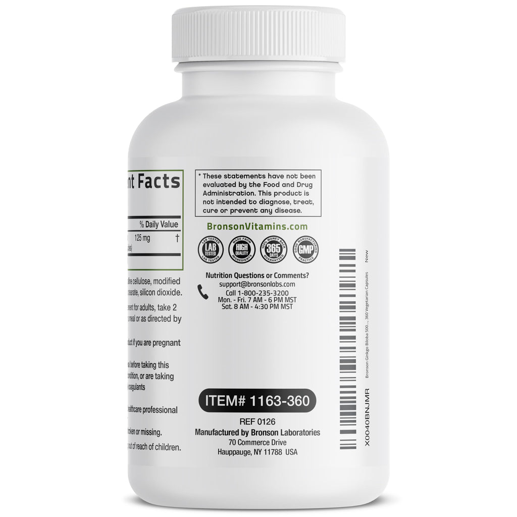 Bronson Ginkgo Biloba Extra Strength Brain & Memory Support 120 Capsules | Vegetarian, Non-GMO, Gluten Free, Soy Free, Memory, Cognitive & Brain Health Support