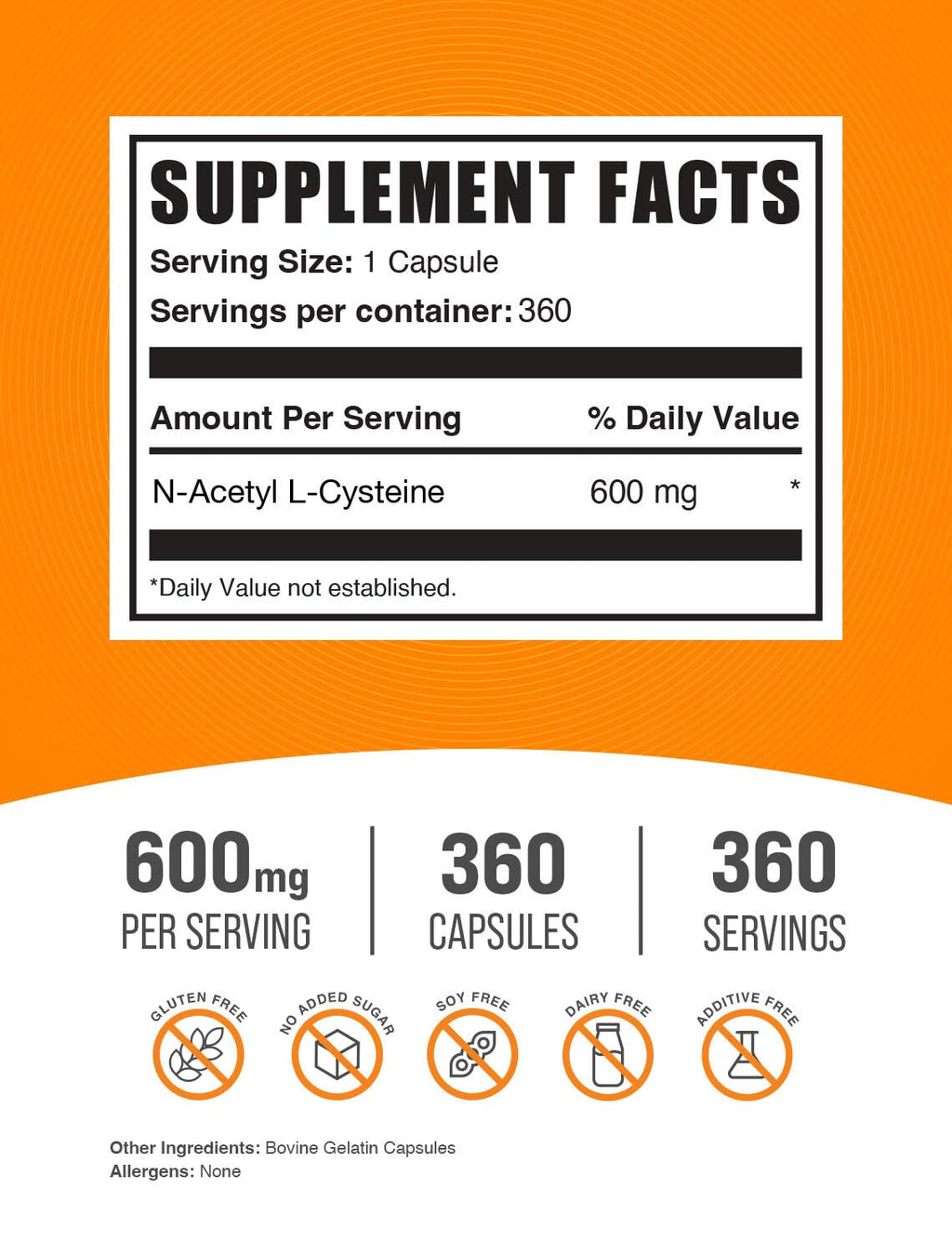 BulkSupplements.com N-Acetyl L-Cysteine Capsules - N-Acetyl Cysteine 600mg, NAC Supplement - 600mg per Capsule, Gluten Free - 1 NAC Capsule per Serving, 360 Capsules (Pack of 1)