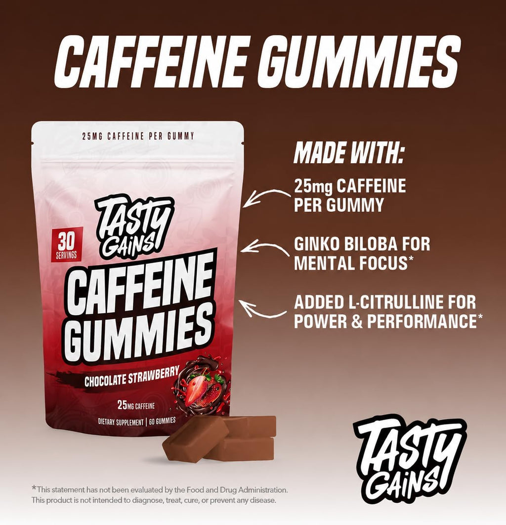 TASTY GAINS Caffeine Pre Workout Gummies – Fast Acting Energy Gummies for Men & Women, 25mg Caffeine Per Gummy, Workout Focus & Endurance Support