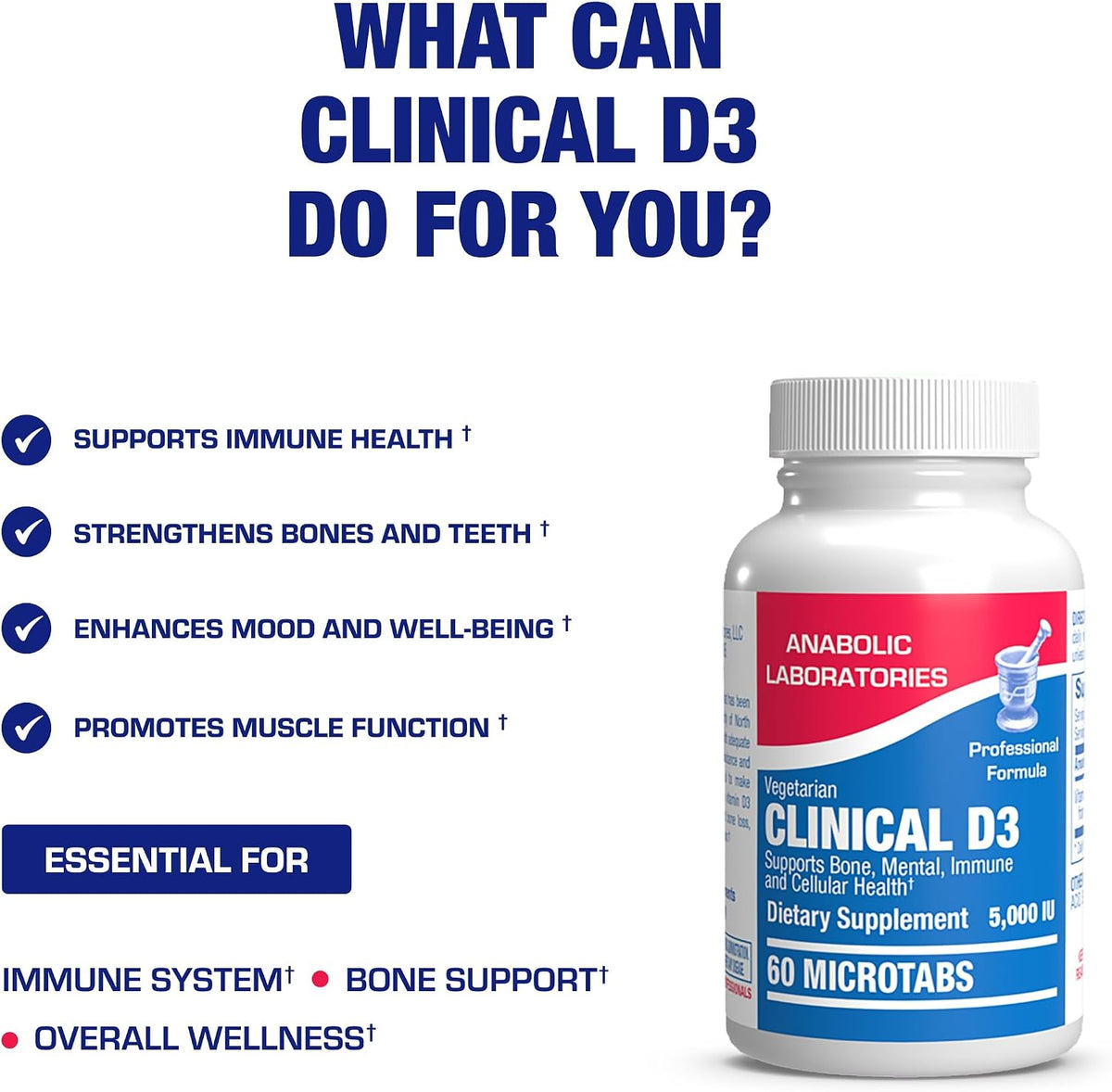 High Strength Vitamin D3 5000 IU - Clinical Formula Vitamin D Supplement for Men and Women for Bone Teeth Muscle Mood and Immune Support - High Absorption Vegetarian Microtabs (60 Day Supply)