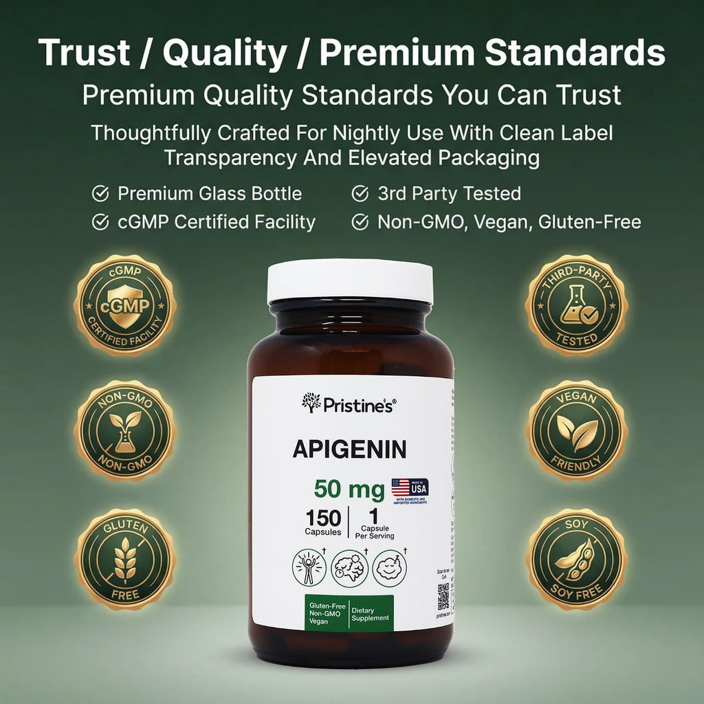 PRISTINE'S Apigenin 50mg Sleep Support Capsules, Vegan, 150 Day Supply | Evening relaxation and calm support in a simple one-capsule routine. 150 day supply, vegan, non-GMO, gluten-free