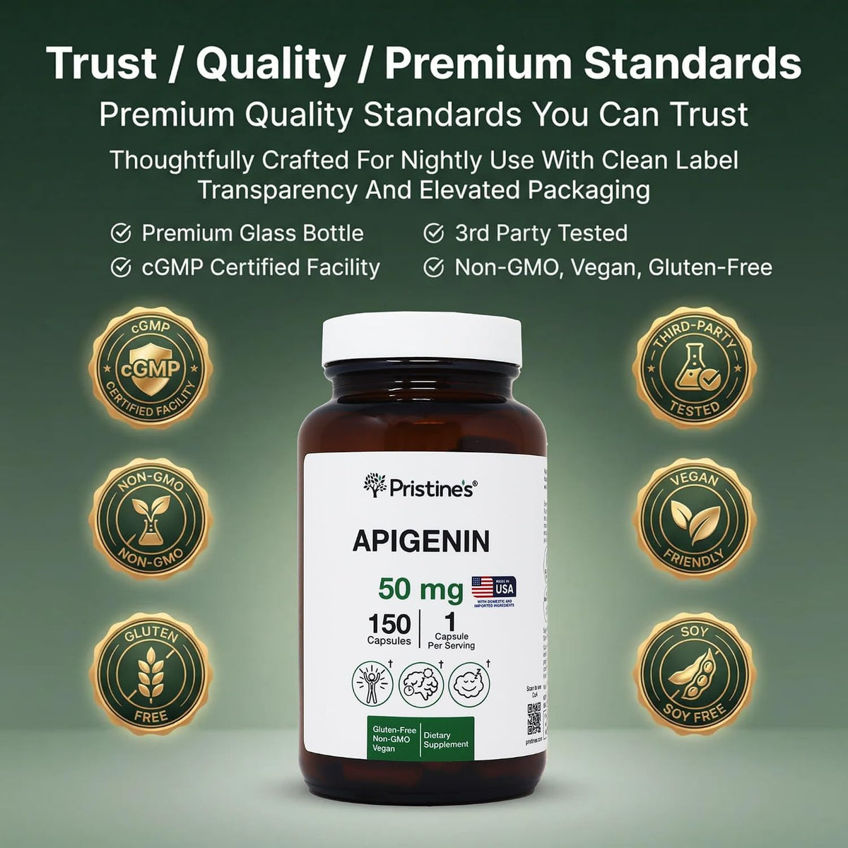 PRISTINE'S Apigenin 50mg Sleep Support Capsules, Vegan, 150 Day Supply | Evening relaxation and calm support in a simple one-capsule routine. 150 day supply, vegan, non-GMO, gluten-free