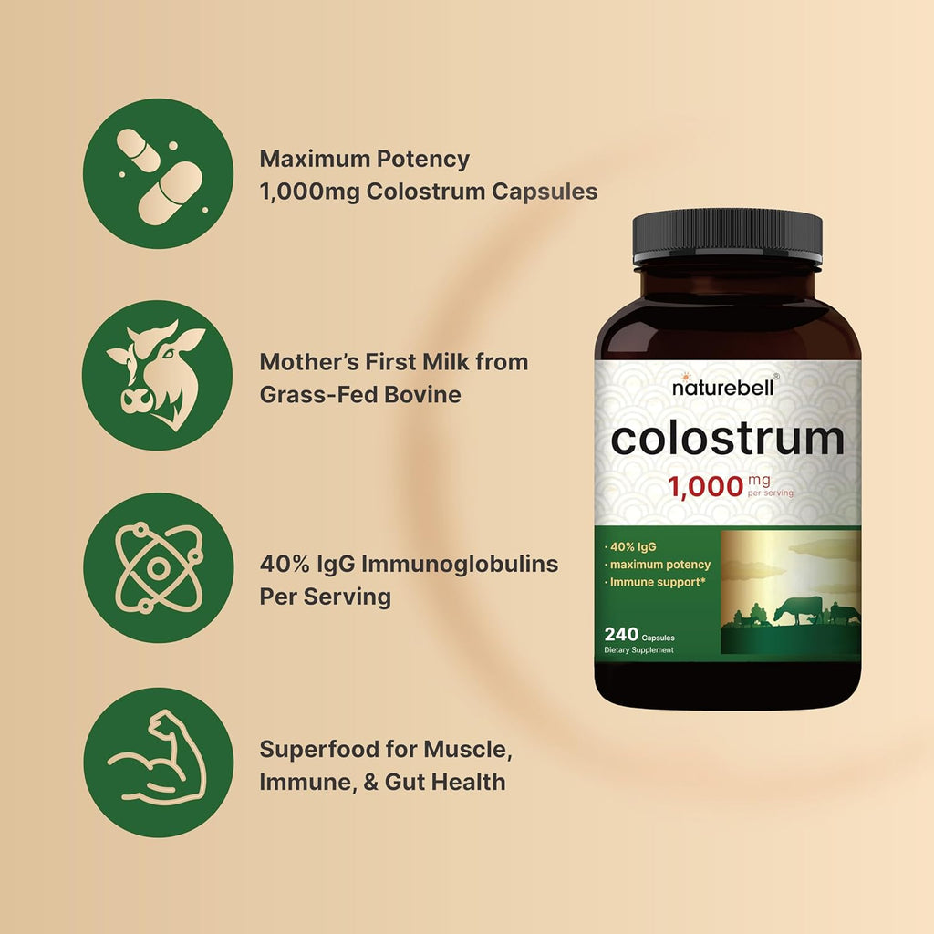 NatureBell Bovine Colostrum Supplement 1,000mg Per Serving, 240 Capsules | 40% IgG Colostrum Powder for Gut Health, Bloating, Skin, Hair & Immune Support – Non-GMO