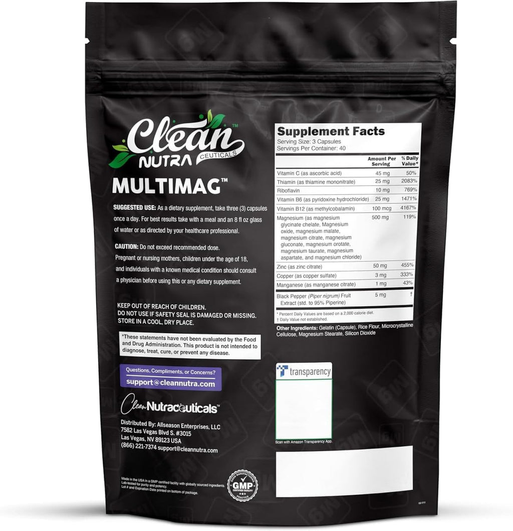 Clean Nutraceuticals Magnesium Complex with Magnesium Glycinate Citrate Malate Oxide Taurate Aspartate Orotate & Mag Chloride, Zinc Copper Manganese & Vitamin C B1 B2 B6 B12 Complex - 1Pack