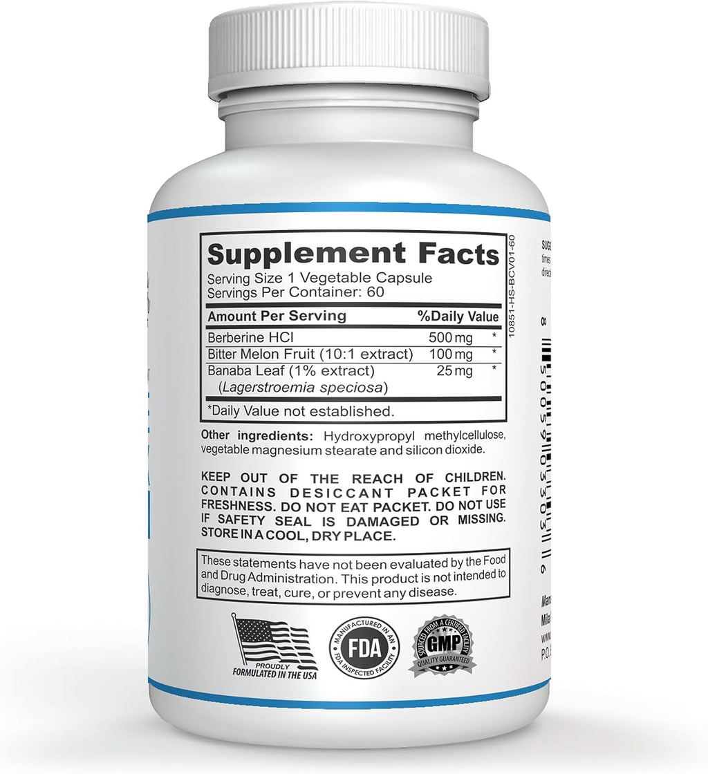 Berberine Complex HCL 500mg - Special Berberine Supplement with Melon Fruit & Banaba Leaf - Non-GMO, Made in USA - Heart, Cognitive & Gastrointestinal Health - 60 Capsules