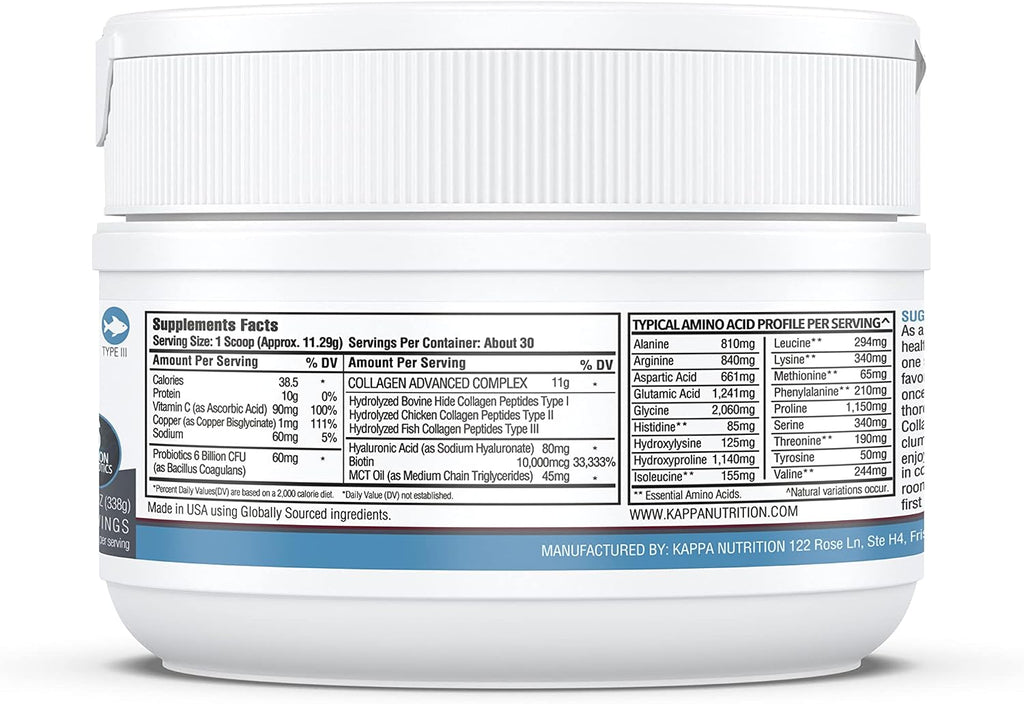 KAPPA NUTRITION Collagen Type I, II, III, 6 Billion Probiotic Acid Resistance, Hyaluronic Acid, Vitamin C, Biotin, Copper and MCT Oil, Beautiful Hair, Nails, & Skin, Collagen Peptides 9 in 1 (11.9oz)
