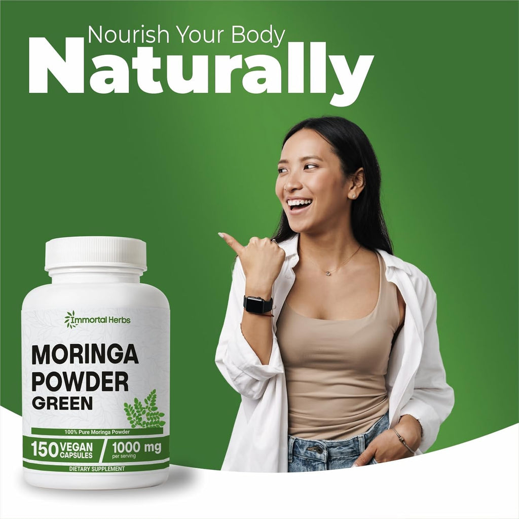 Moringa Capsules 1000mg, 20:1 Pure Moringa Leaf Powder Extract, 150 Vegan Pills, 2.5 Month Supply, Non-GMO & Gluten Free Oleifera Green Superfood Supplement