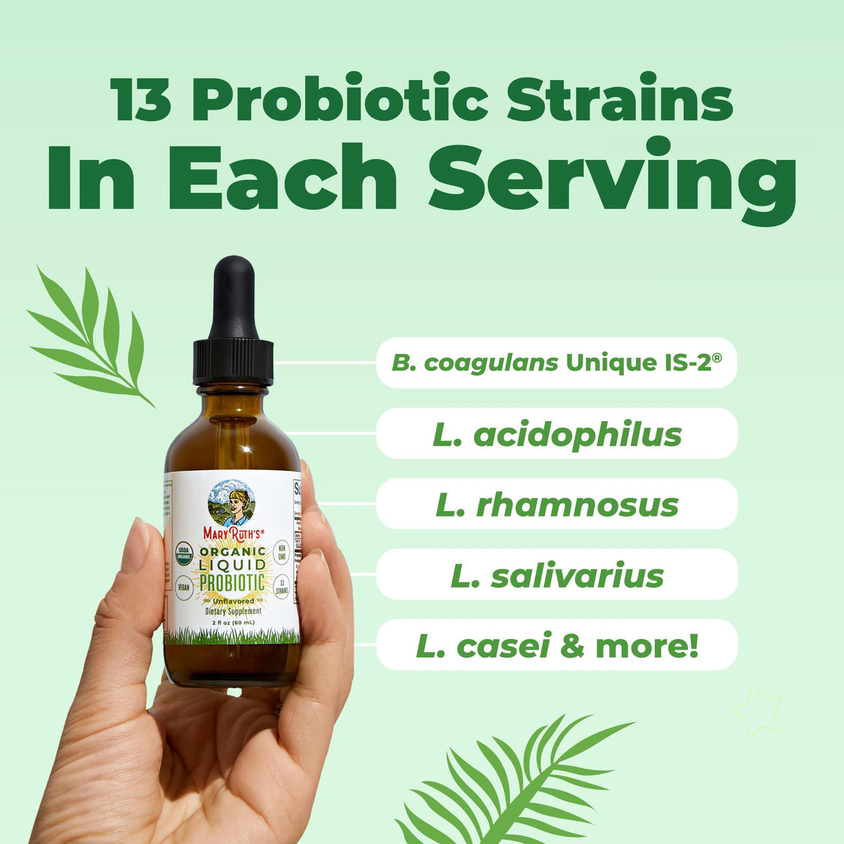 MARYRUTH'S Organics Liquid Probiotic for Ages 4+ | 2 Billion CFU | 13 Probiotic Strains | Gut Health & Digestive Support | Gas & Bloating Support | Vegan | Gluten Free | Travel-Friendly | 40 Servings