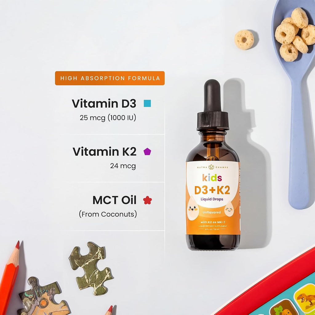 NutraChamps Kids Vitamin D 3 K2 Drops, Vitamin D3 & K2 MK-7, Liquid Vitamin D for Kids 1000 IU, Healthy Bones, Heart & Immune System, Sugar Free Supplement for Toddlers, 300 Servings