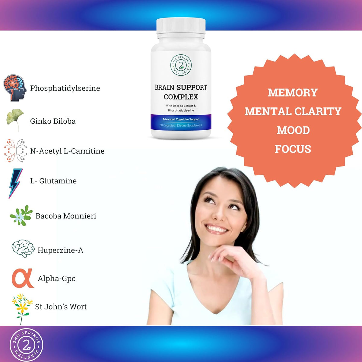Brain Support Complex Nootropic Supplement, 30 Ct | Ginkgo Biloba, Bacopa Monnieri, Phosphatidylserine, Huperzine-A, St. John's Wort
