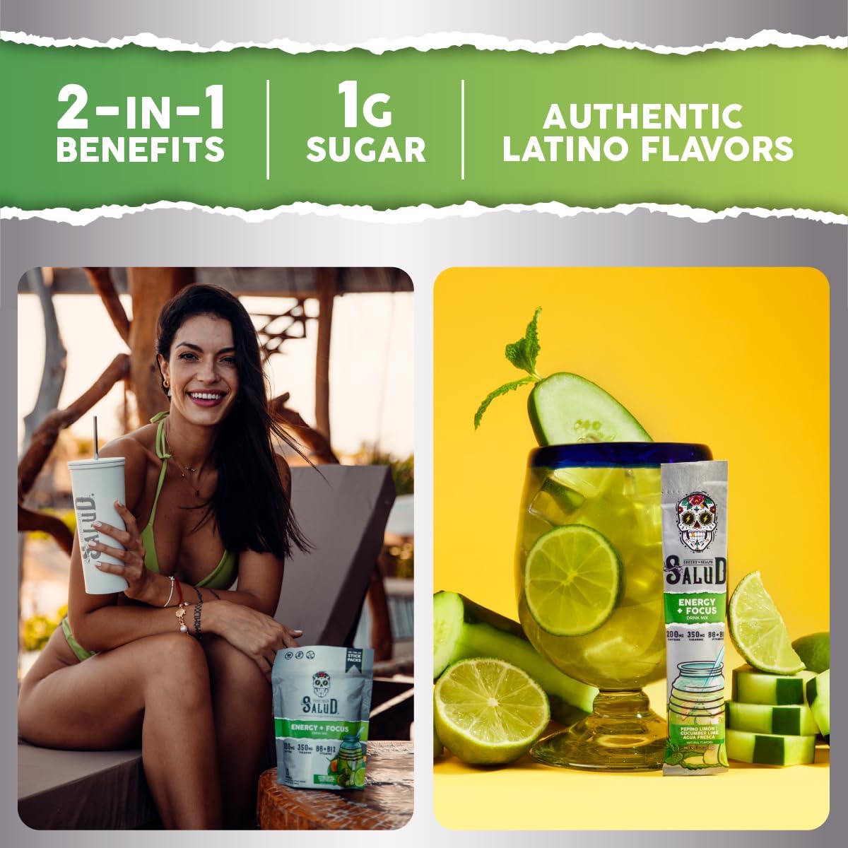 Salud 2-Pack | 2-in-1 Hydration + Immunity (Tamarindo) & Energy + Focus (Cucumber Lime) – 15 Servings Each, Agua Fresca Drink Mix, Non-GMO, Gluten Free, Vegan, Low Calorie, 1g of Sugar
