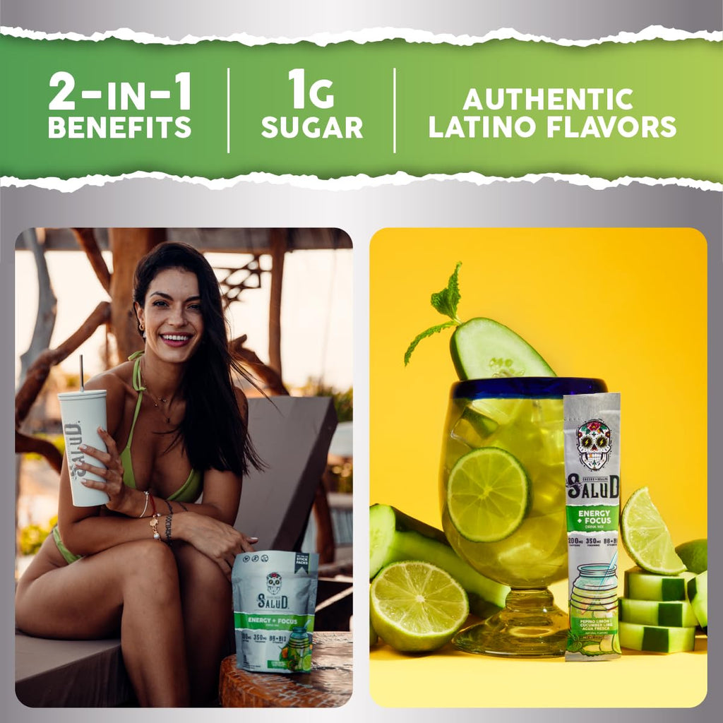 Salud 2-Pack |2-in-1 Energy + Focus (Cucumber Lime) & Energy + Focus (Strawberry Watermelon) – 15 Servings Each, Agua Fresca Drink Mix, Non-GMO, Gluten Free, Vegan, Low Calorie, 1g of Sugar