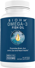 BIOHM Omega-3 Fish Oil 2500mg, 60 Softgels, High Potency 860mg EPA & 630mg DHA, Omega 3 Fatty Acid Supplements to Support Brain, Joint, Eye, Liver & Gut Health, Sustainably Sourced