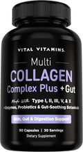 Vital Vitamins Multi Collagen Complex Plus + Gut, Probiotics & Enzymes | 5 Collagen Types I, II, III, V & X with Digestive Enzyme Blend, 3 Billion CFU Probiotic & Gut Botanicals, 90 Capsules