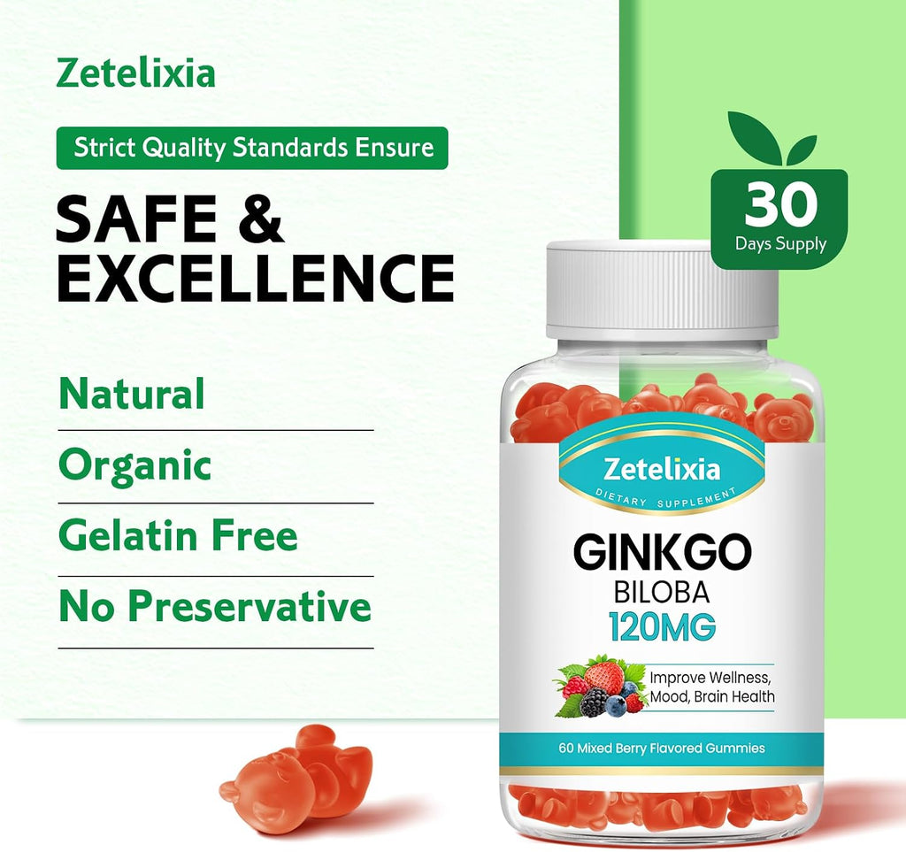 Ginkgo Biloba Gummies for Women and Men, Brain Supplement Improve Better Mood and Focus, Vegan Mixed Berry Flavor 60 Count