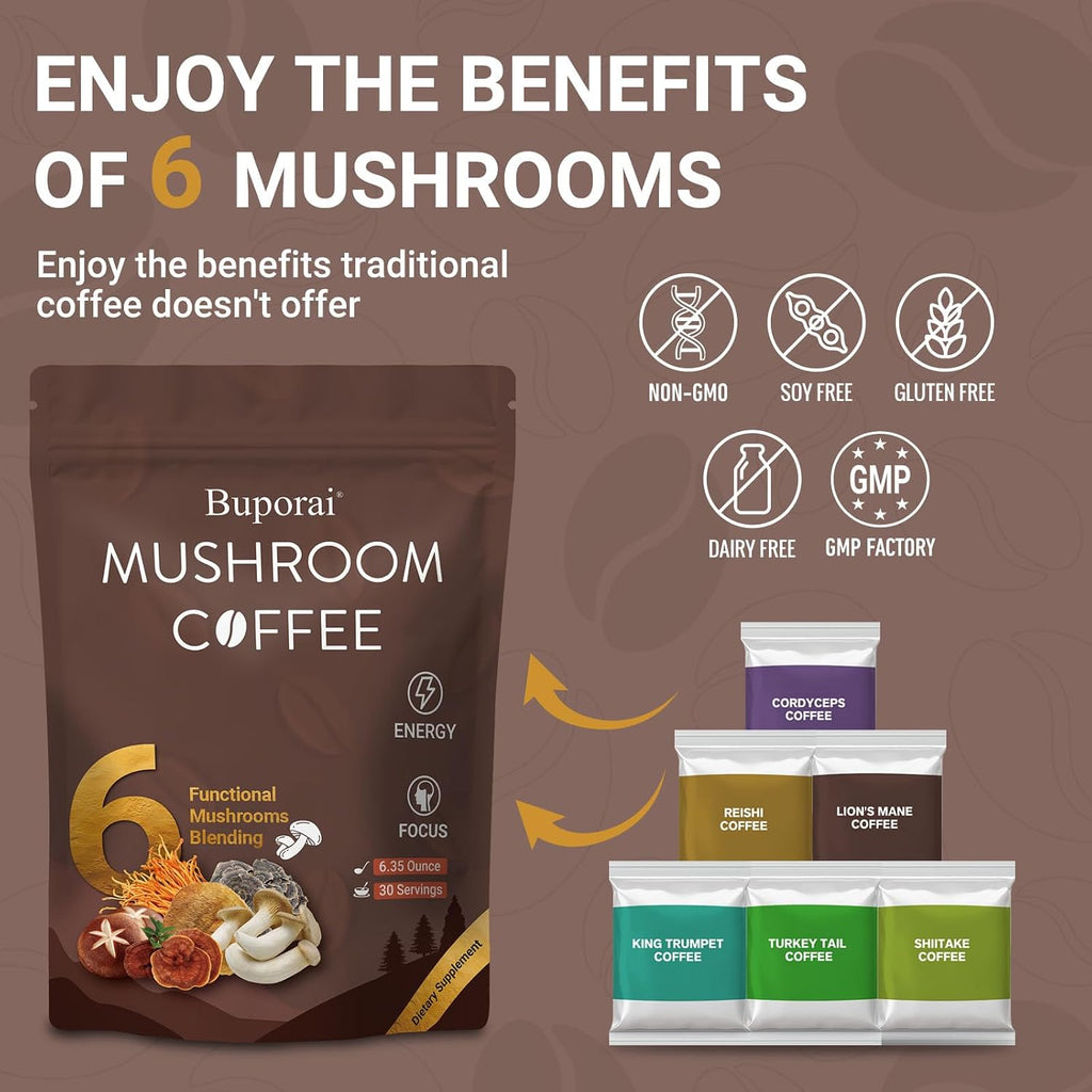 Mushroom Coffee, Instant Mushroom Coffee with 6 Mushrooms | Lion’s Mane, Cordyceps, Turkey Tail & Other for Energy, Focus, Digestion, Immunity, 30 Servings