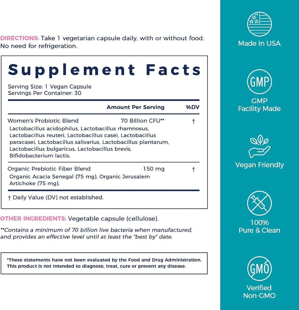NewRhythm Women's Probiotics, Organic Prebiotics, 70 Billion CFU 10 Strains, Vaginal Probiotics for Urinary & Digestive Health, 30 Vegan Capsules, No Bloating