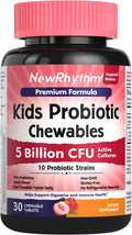 NewRhythm Kids Probiotic Chewables, 5 Billion CFU 10 Strains, with Prebiotic Fiber Inulin & Organic Acacia for Age 3+, Natural Peach Flavored, for Digestive & Immune Support, 30 Chewable Tablets