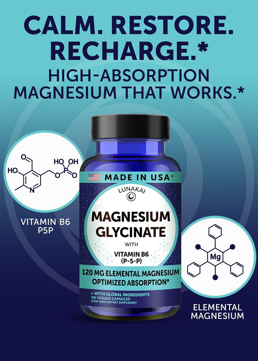 Lunakai USA Made Pure Magnesium Glycinate Capsules 120mg Elemental with B6 (P-5-P) – High Absorption Magnesium Supplement for Women & Men - Daily Sleep & Muscle Support, Non-GMO, 90ct