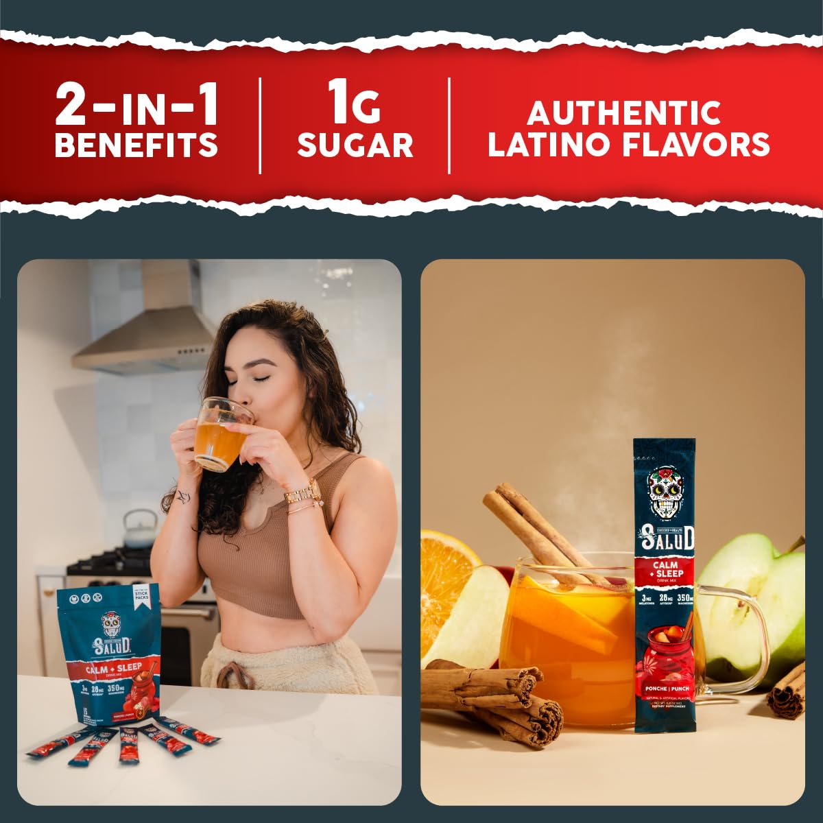 Salud 2-Pack | 2-in-1 Calm + Sleep (Punch) & Calm + Sleep (Lemon Honey) – 15 Servings Each, Drink Mix, Dairy & Soy Free, Non-GMO, Gluten Free, Vegan, Low Calorie, 1g of Sugar