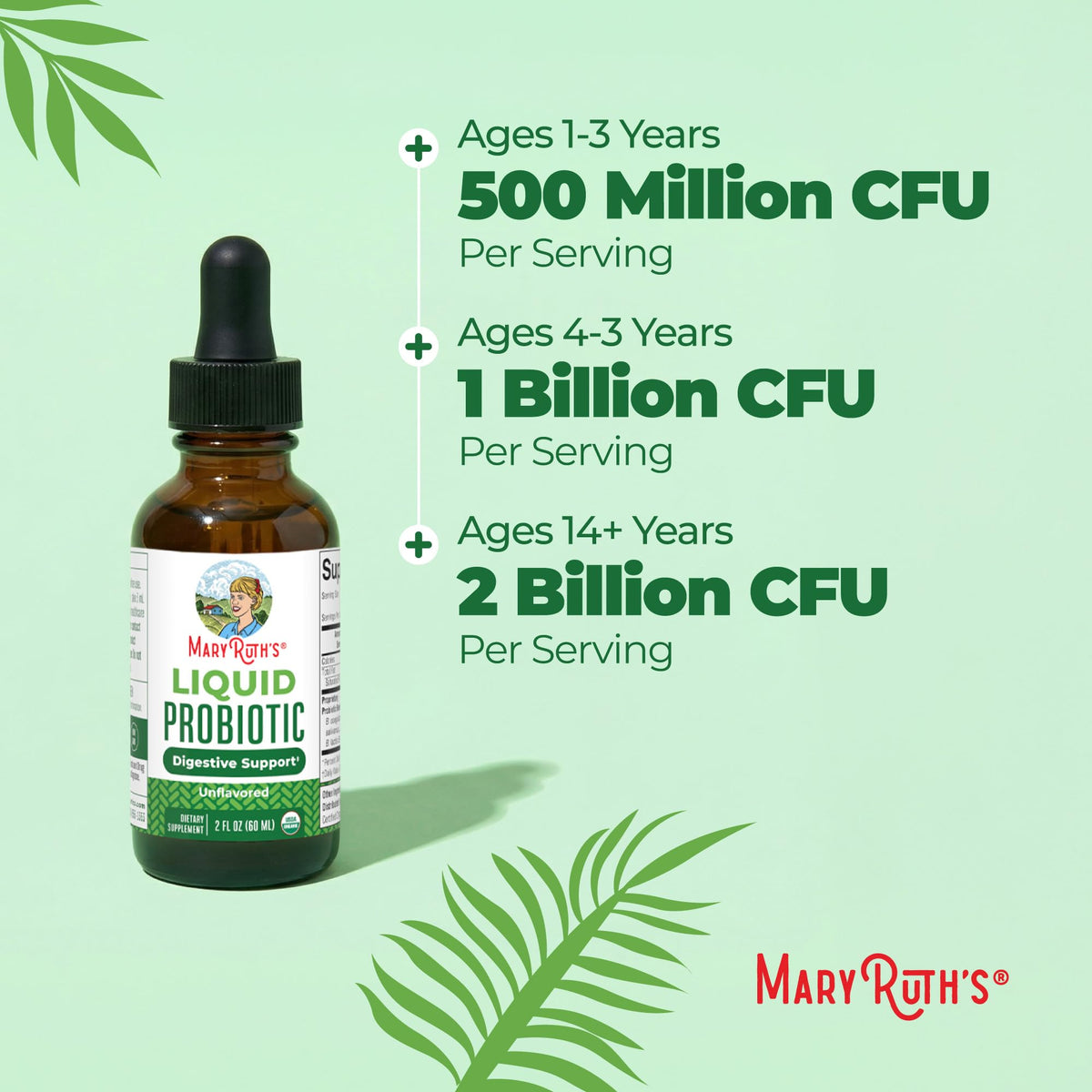 MARYRUTH'S Organics Liquid Probiotic for Ages 4+ | 2 Billion CFU | 13 Probiotic Strains | Gut Health & Digestive Support | Gas & Bloating Support | Vegan | Gluten Free | Travel-Friendly | 40 Servings