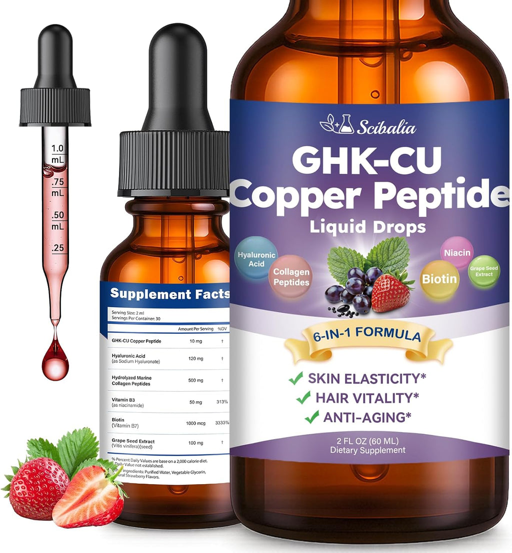 GHK-CU Peptide Supplement Liquid Drops for Women Men | Premium 6-in-1 GHK CU Copper Peptides w. Marine Collagen Hyaluronic Acid Biotin for Anti-Aging, Skin Hair Growth Support