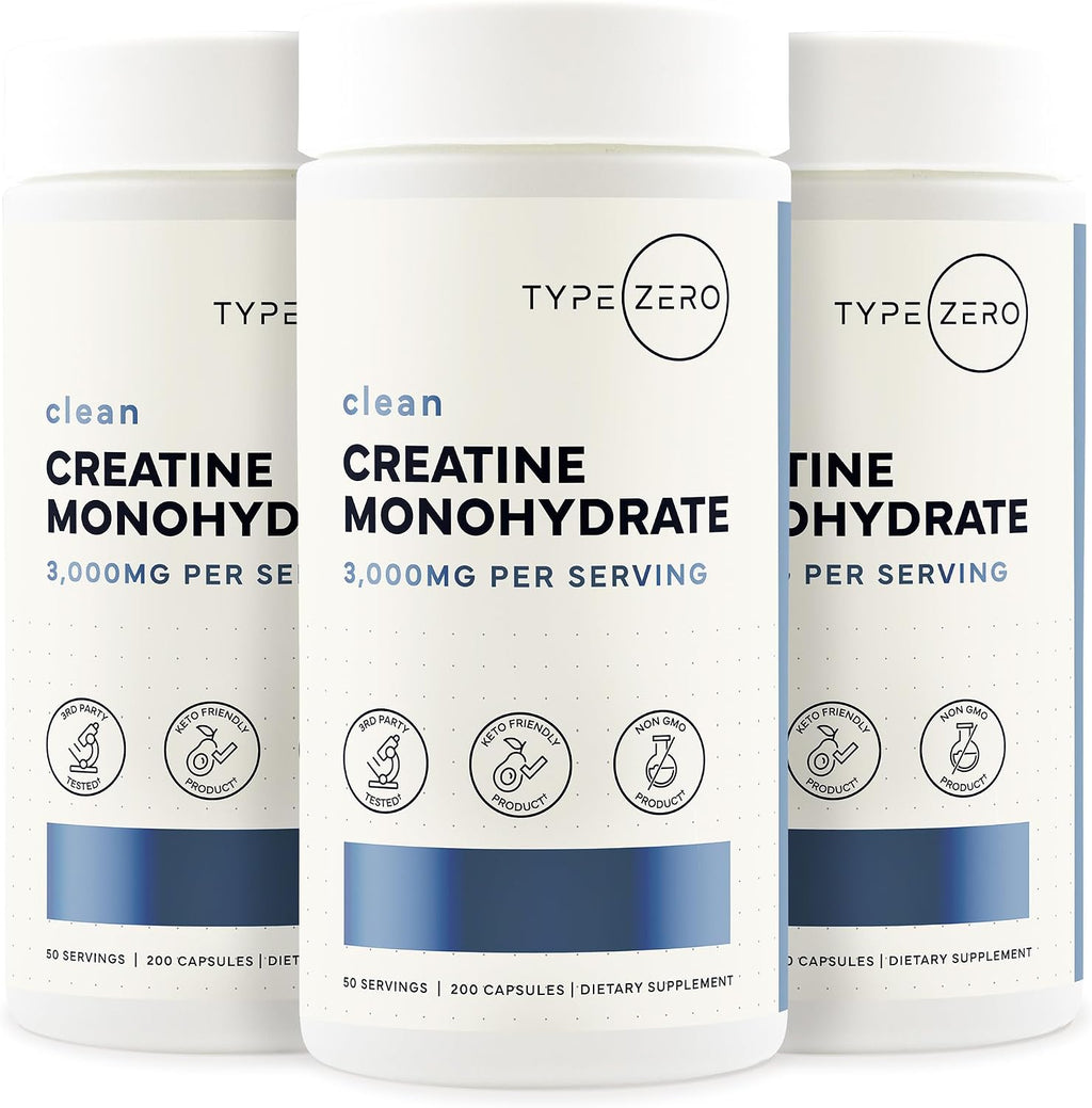 Type Zero Clean Creatine Monohydrate Capsules (3,000mg) 200 Count | Pure Micronized Creatine Supplement, 50 Servings