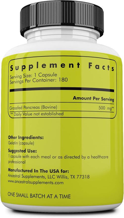 Ancestral Supplements Grass Fed Beef Pancreas Supplement, 500mg, 180 Ct | Pancreas support formula with proteolytic digestive enzymes, including trypsin, promotes healthy digestion.