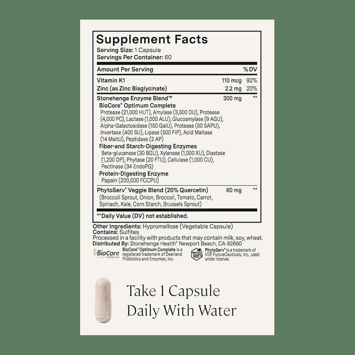 Stonehenge Health Dynamic Digestive Enzymes -18 Enzymes with BioCore Optimum Complete (Protease, Lipase, Amylase, Lactase) + Zinc & Vitamin K1 + Phytonutrients – Gas Support – 60 Caps (2 Pack)