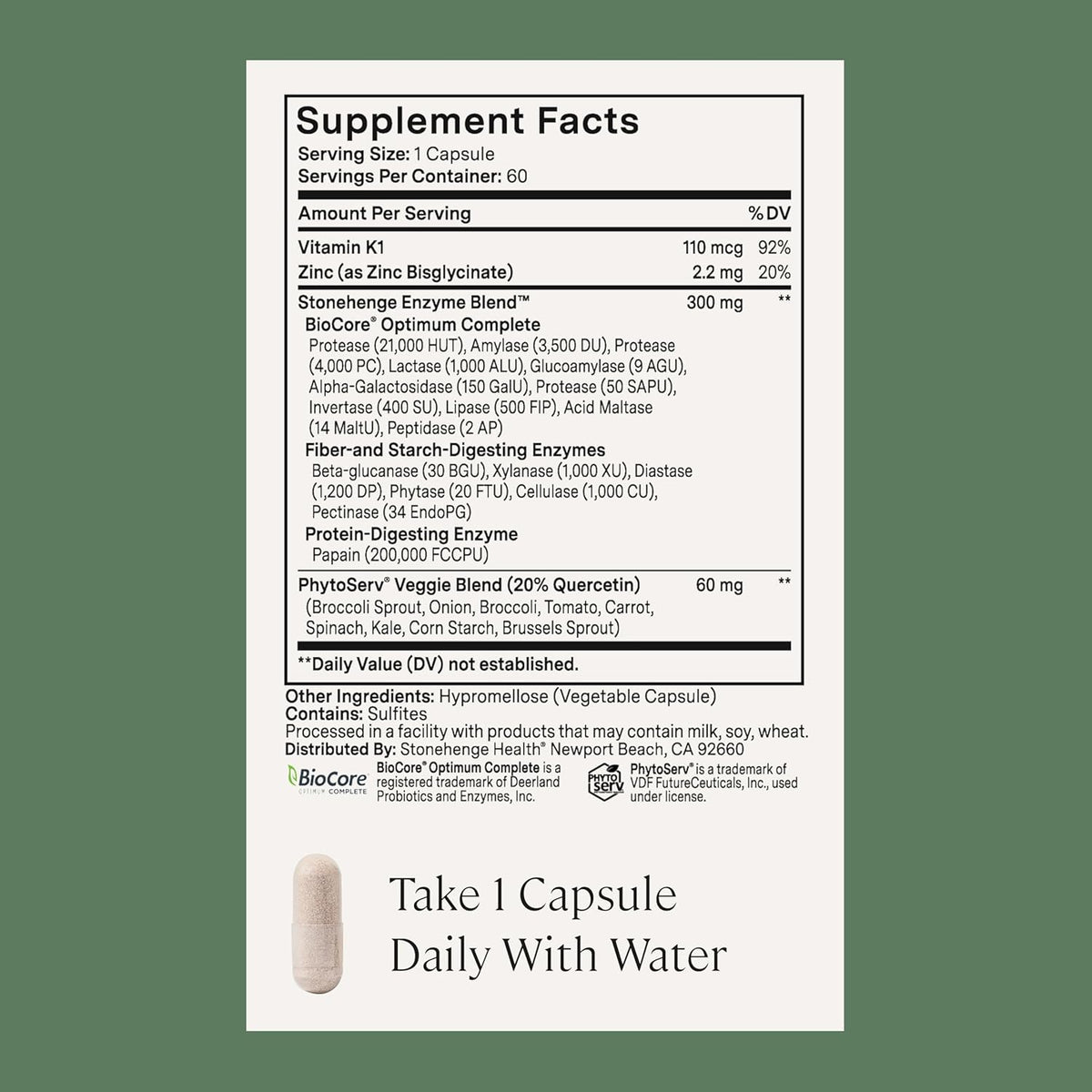 Stonehenge Health Dynamic Digestive Enzymes – 18 Enzymes with (Protease, Lipase, Amylase, Lactase) + Zinc & Vitamin K1 + Gas & Bloating Support – 60 Capsules