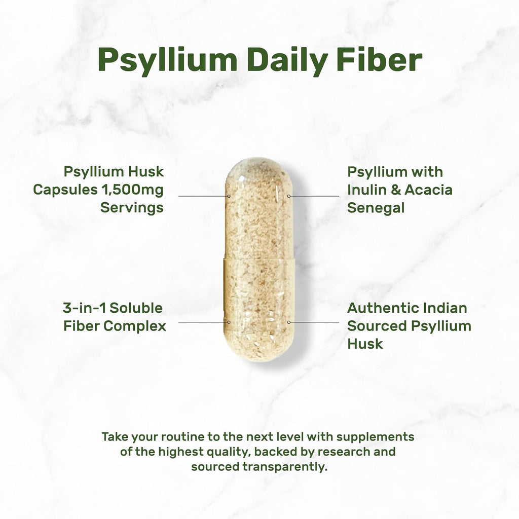 Psyllium Husk 1500mg Per Serving, 300 Capsules – 3 in 1 Fiber Supplement with Inulin & Acacia Complex – Natural Soluble Fiber, Supports Digestive Health* – Plant Based, Non-GMO