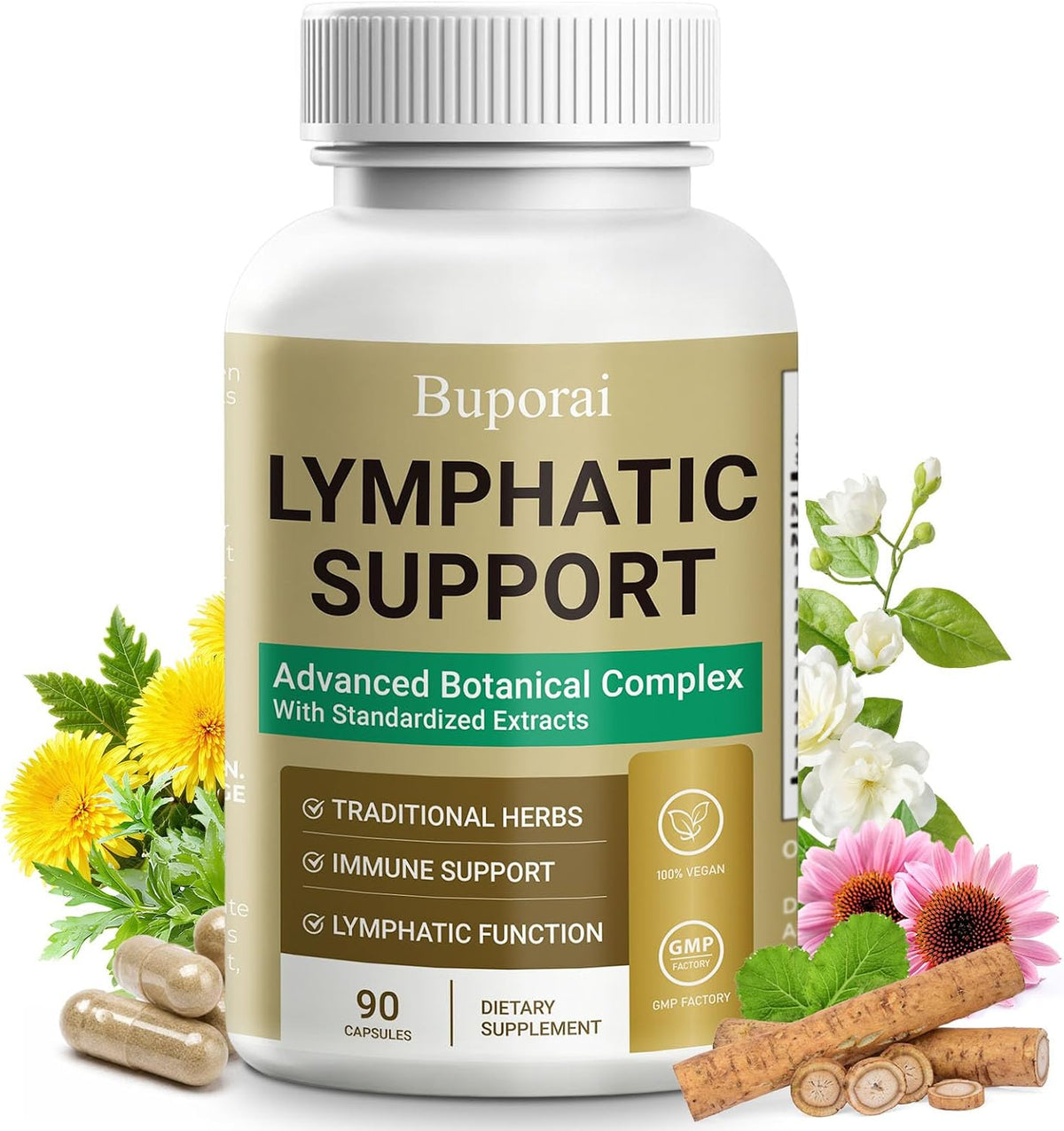 Lymphatic Support Capsules,Lymph Drainage Support Women & Men | With Echinacea, Dandelion, Burdock, Cleavers, Immune Support, Cleanse & Detox, 90 ct
